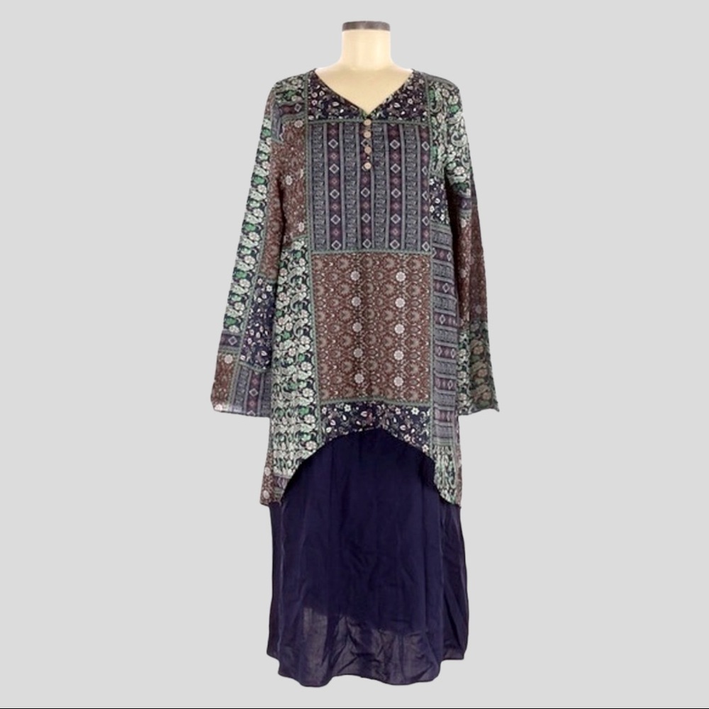 Cellabie Floral Boho Artsy Navy Linen Layered Lagenlook Shift Dress NWT Size M